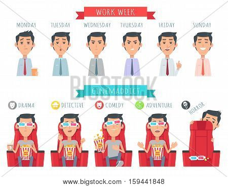 Man during work week. Male face at Monday, Tuesday, Wednesday, Thursday, Friday, Sunday. Cinemaddict. Boy with popcorn at drama, detective, comedy, adventure horror Vector illustration at flat style