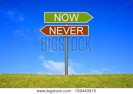 Signpost outside is showing Now or never