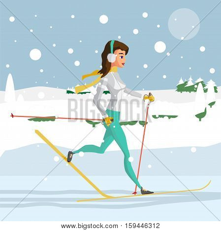 Pretty young woman on cross country skiing running in the woods on a snowy day. Flat cartoon vector illustration