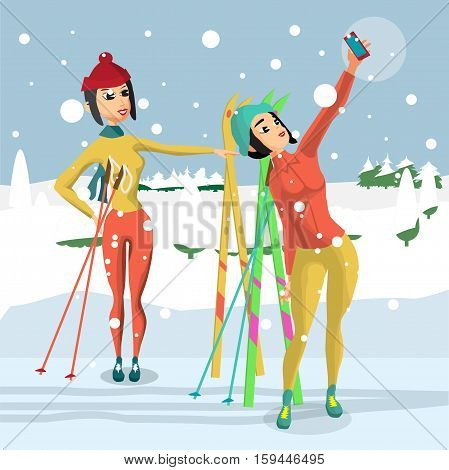 Pretty young women standing with skis and makes selfie in the woods on a snowy day. Flat cartoon vector illustration