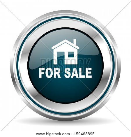 For sale vector icon. Chrome border round web button. Silver metallic pushbutton.