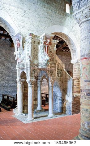 Moscufo, Italy - Septmber 9,  2006:  The polychrome pulpit of Santa Maria del Lago abbey (XII century)