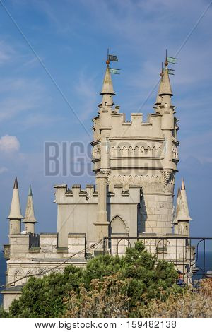 The decorative Neo-Gothic castle Swallow's Nest on the rock over the Black Sea. Gaspra. Crimea