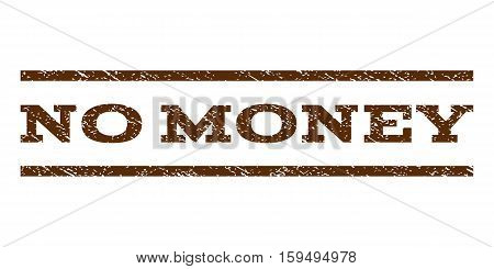 No Money watermark stamp. Text tag between horizontal parallel lines with grunge design style. Rubber seal brown stamp with scratched texture. Vector ink imprint on a white background.