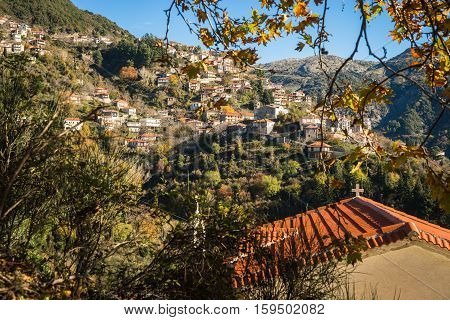 Scenic Mountain Autumn Landscape With  Village Langadia, Peloponnese, Greece