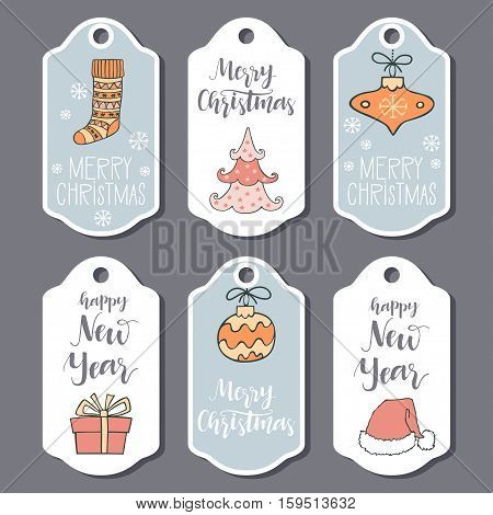 Christmas and New Year greeting card collection with hand drawn lettering. Holiday design elements for decorations