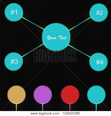 Vector illustration. Circles are connected to the circuit on a black background. Different colors and any number.