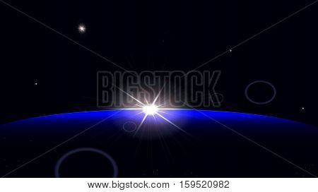 Vector illustration background. Sunrise in space. Starry Sky. Earth at night.