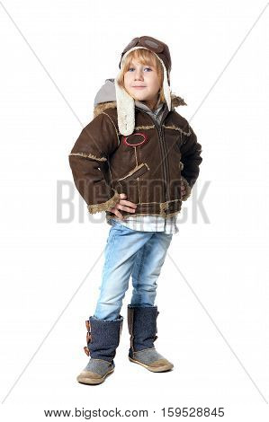 Full lenth portrait of cute little boy isolated on white background