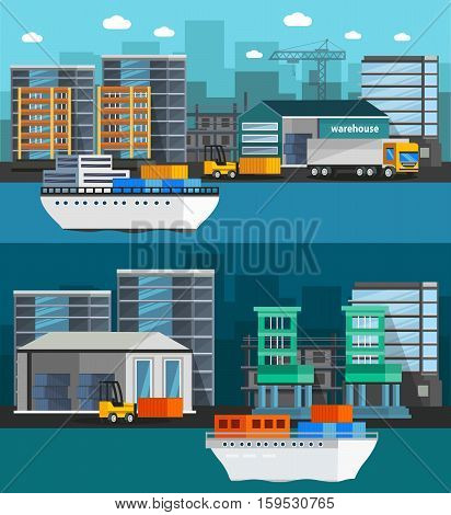 Orthogonal banners with sea port and cargo boats warehouse and truck on city background isolated vector illustration