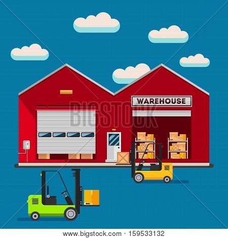 Warehouse infographic elements vector flat design. People in stock items are sorted and sent them to the consumer service delivery