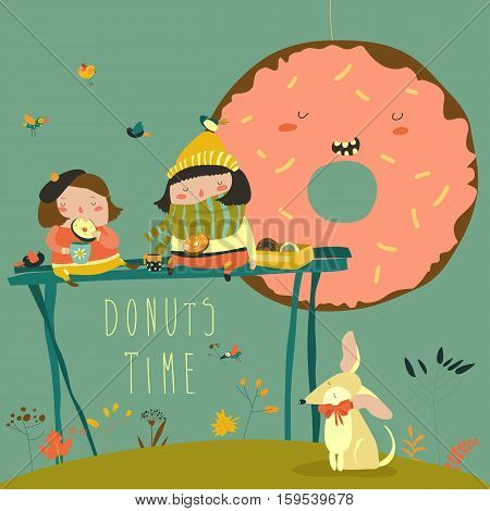 Cute girls enjoying tea time with donuts. Vector illustration