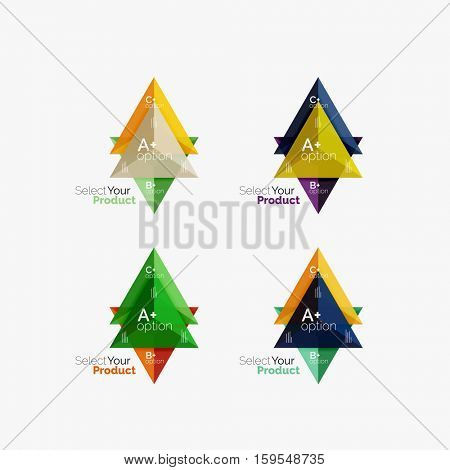 Set of triangle option infographic layouts. Select your product concept, make a choice idea