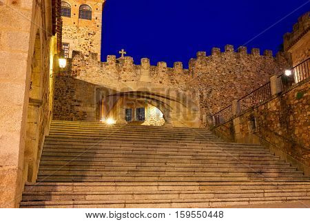 Caceres Arco de la Estrella Star arch sunset in Spain entrance to monumental city