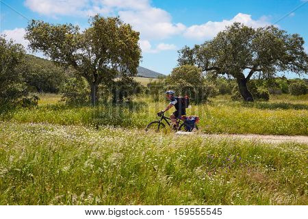 Via de la Plata way biker to Santiago in Spain at Extremadura