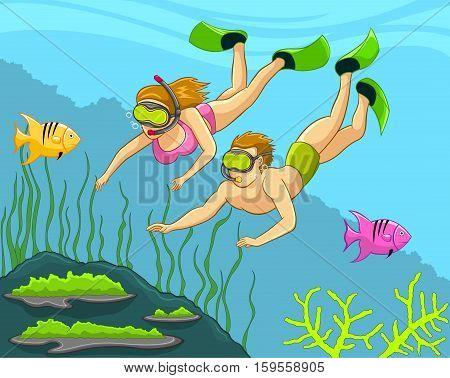 Two Divers Under The Sea Snorkeling, Swimming