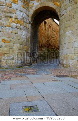 Zamora door of Dona Urraca in Spain with Saint James way sign on floor exterior image shot from public floor