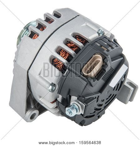 Power generator or alternator isolated on white background. Car engine parts.
