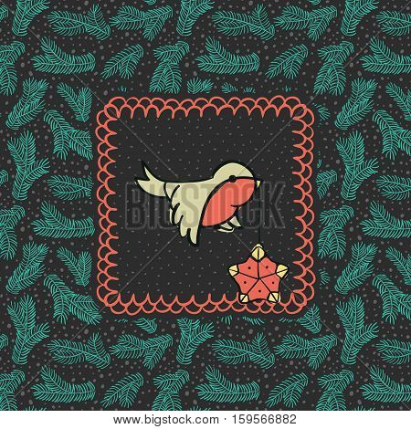 Christmas and New Year vintage ornate frame with little bird holding tree decoration in beak symbol. Doodle illustration greeting card. Fir tree branch background.