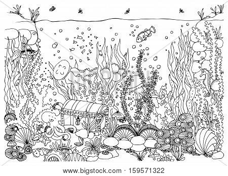 Vector illustration zentangle underwater world. Doodle sea ocean fairy story a treasure chest adventure. Coloring book anti stress for adults. Black and white.