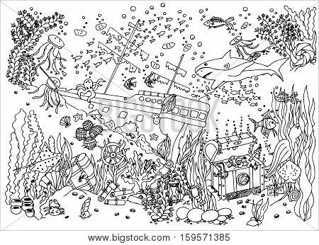 Sunken treasure. Wreck. Vector illustration. Doodle drawing. Meditative exercise. Coloring book anti stress for adults. Black and white.