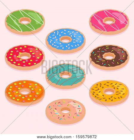 Set of cute colorful isometric donuts isolated on light pink background.