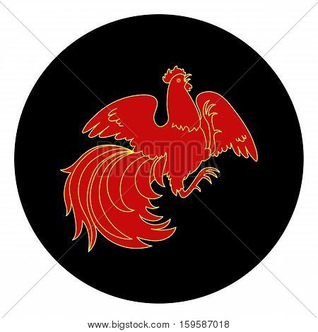 2017, the Year of the Fire Rooster in Chinese Horoscope. Red and gold colors, symbol of new year. Fire element. Hand drawn sketchy cartoon clip-art, illustration