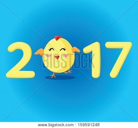 Rooster 2017 Chinese New Year greeting card. Little yellow chick standing as a part of the number 2017. Happy New Year card with cartoon funny chicken. The year of cock. Symbol of Chinese new year.