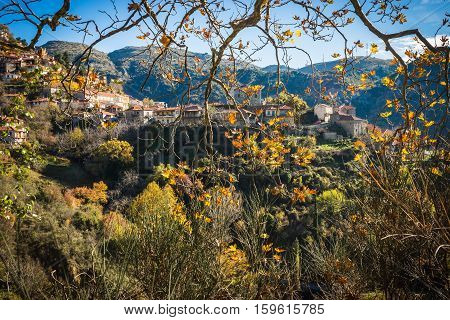 Scenic Mountain Autumn Landscape With  Village Langadia, Peloponnese, Greece