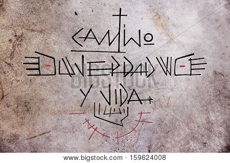 Hand drawn illustration or drawing of Jesus Christ phrase in spanish: Camino Verdad y Vida wich means: Path Truth and Life
