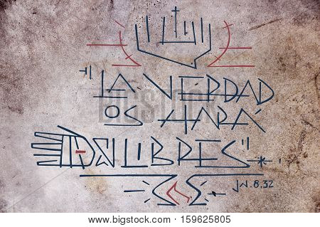 Hand drawn illustration or drawing of Jesus Christ phrase in spanish: La Verdad os hara libres wich means: Truth will set you free