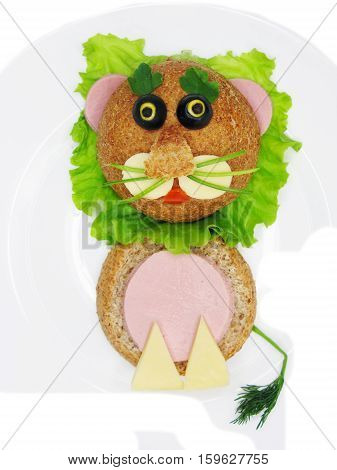 creative sandwich with cheese and salame lion shape