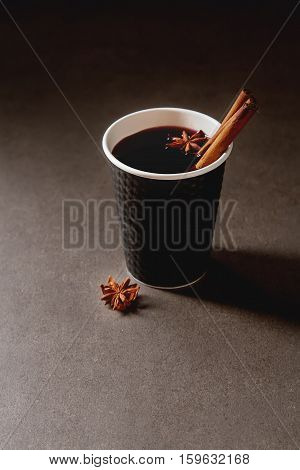 Christmas Drink. Mulled Red Wine In A Paper Cup With Black Karit