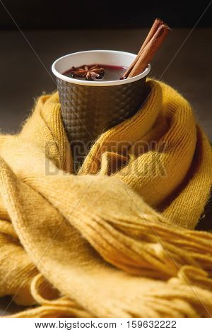 Christmas Drink. Mulled Red Wine In A Paper Cup With Black Karit
