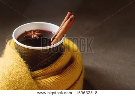 Christmas Drink. Mulled Red Wine In A Paper Cup With Black Karit