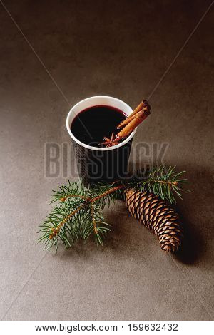 Christmas Drink. Mulled Red Wine In A Paper Cup With Black Karit
