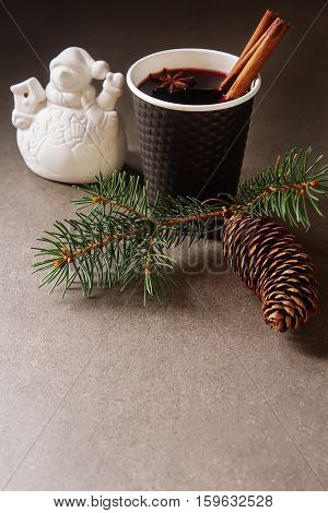Christmas Drink. Mulled Red Wine In A Paper Cup With Black Karit