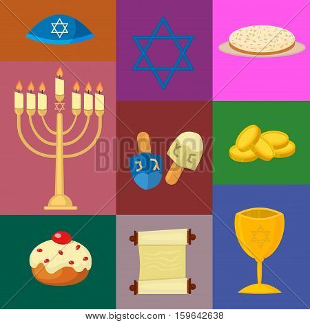 Judaism church traditional symbols jewish hanukkah set. Various jewish symbols and items hanukkah celebration flat icons vector. Jewish hanukkah church traditional religious.