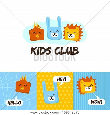 Kids club logo with animals. Cute kindergarten  and language school  sign.Parrot, rabbit and lion logo.