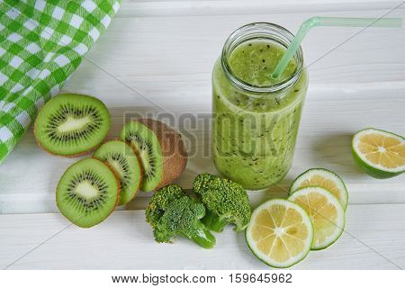 Smoothies of kiwi, Lemon and broccoli on a white background