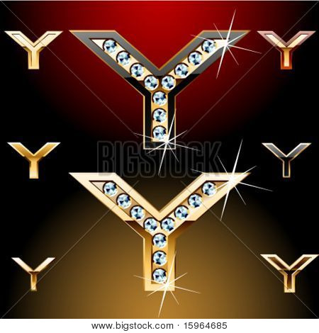 Vektor illustration af dristigste gyldne bogstaver med skinnende diamanter. Tegnet y, ekstra typefac