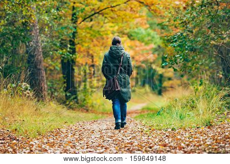 Woman With Shoulder Bag Walking On Path In Autumn Forest.