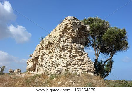 Remnants of the Crusader structures in the park of Ashkelon in Israel