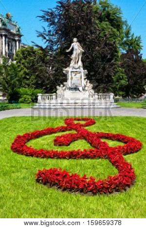 Statue of Wolfgang Amadeus Mozart (Austrian sculptor Victor Tilgner 1896) in public Burggarten park in the center of Vienna. Austria. Oil painting effect.