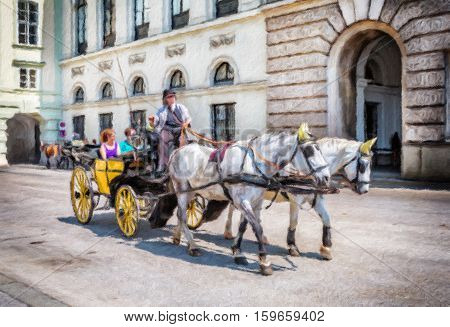 People have a ride in the fiaker and pass the Hofburg in Vienna. The fiaker first was build in the 18 century in the street Rue de Saint Fiacre. Oil painting effect.