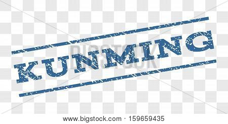 Kunming watermark stamp. Text caption between parallel lines with grunge design style. Rubber seal stamp with unclean texture. Vector cobalt blue color ink imprint on a chess transparent background.