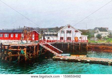 Traditional pier for fishing boats in Northern Norway. Oil painting effect.