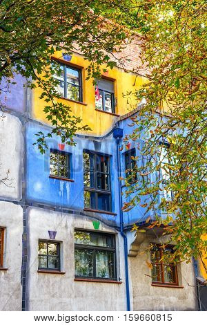 Vienna, Austria - October 14, 2016: Facade Of Huntdertwarsser House In Vienna. The Hundertwasser Hou