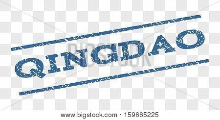 Qingdao watermark stamp. Text tag between parallel lines with grunge design style. Rubber seal stamp with scratched texture. Vector cobalt blue color ink imprint on a chess transparent background.