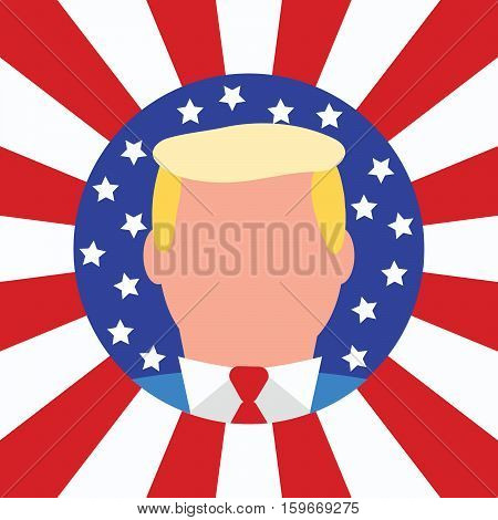 New 2016 USA President Donald Trump. Election Winner Candidate. Flat Styled Vector Illustration. American Stars and Stripes Flag Background.